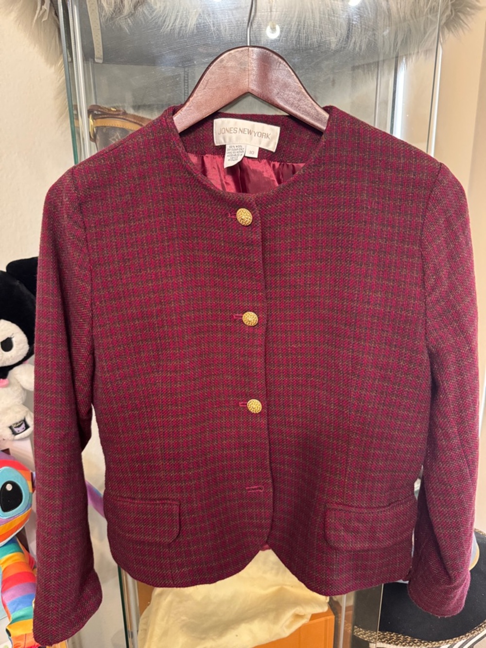 Jones New York Burgundy Textured Collarless Blazer with Gold Buttons